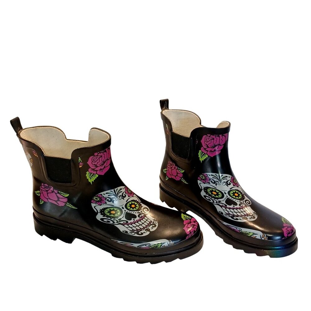 Norty Women's Low Ankle Rain Boots Rubber Snow Garden Shoe Sugar Skull Size 8